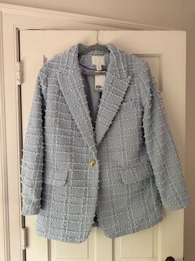 Women's Textured Single-Button Blazer Jacket - Light Blue (H&M)